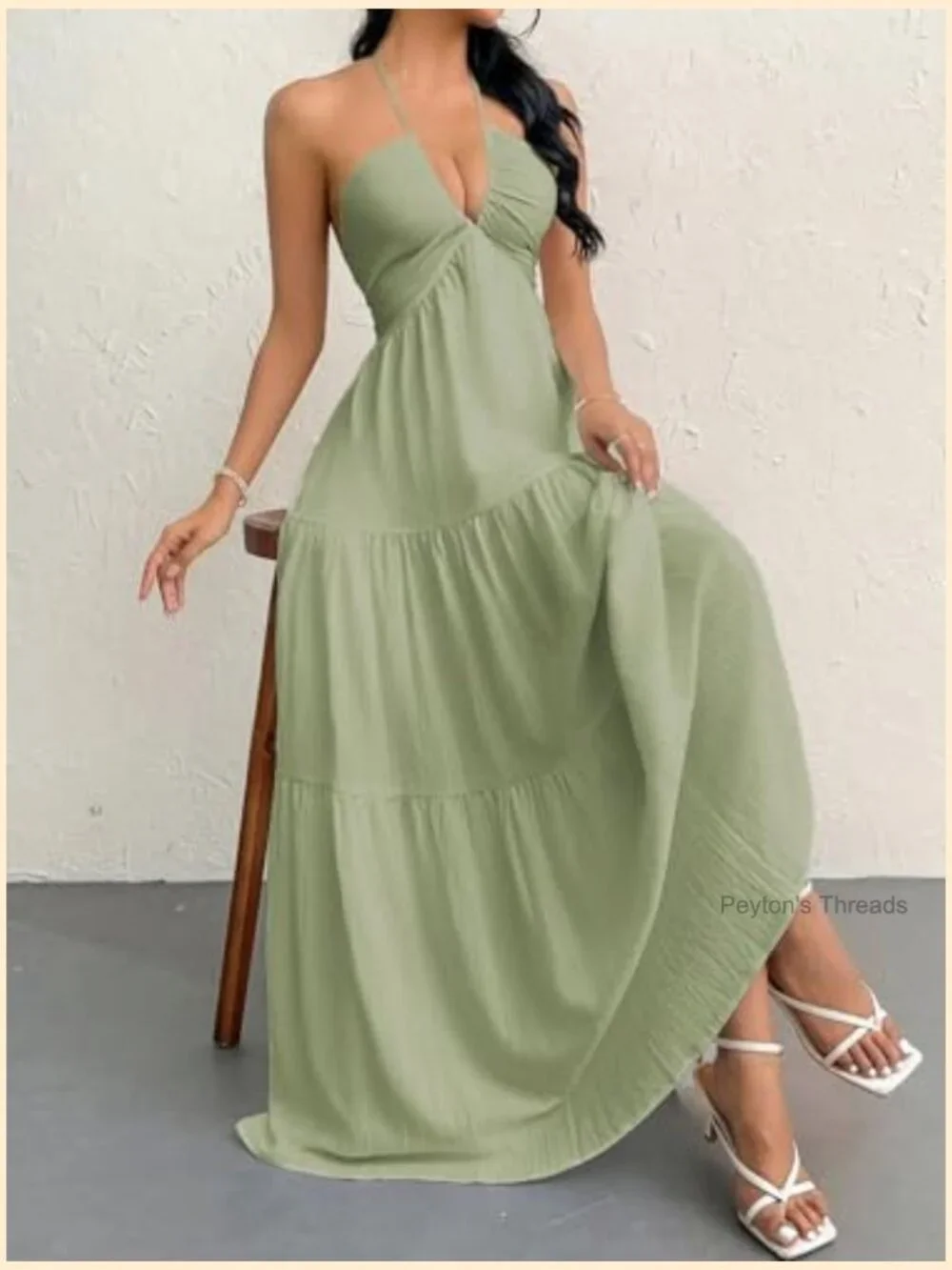Women's Halter V Neck Maxi Dress A-Line Summer Beach Vacation Dress - Picture 4 of 7